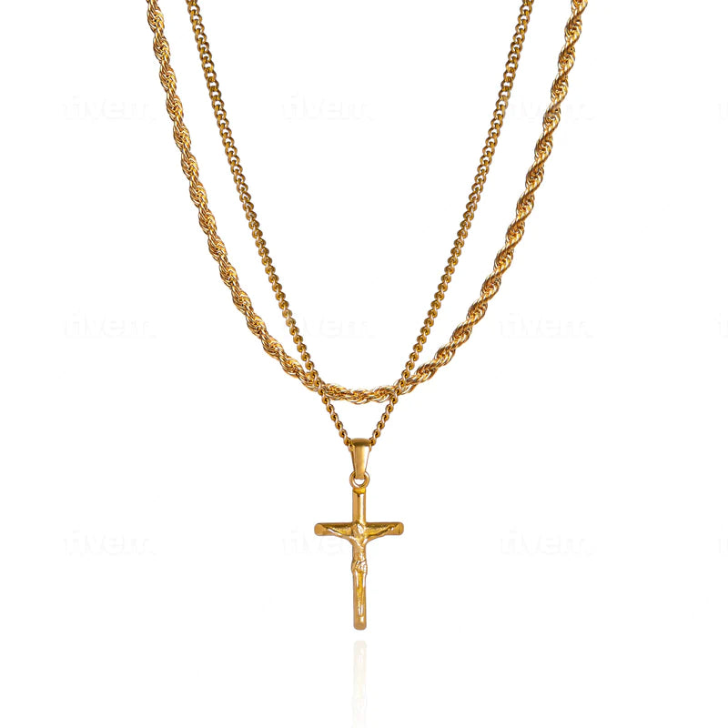 Gold Cross Layered Necklace Set